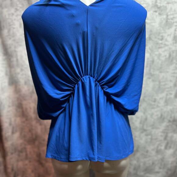 EXPRESS Blue Stretchy Peplum V-Neck Draped Short Sleeves Top - Picture 3 of 6